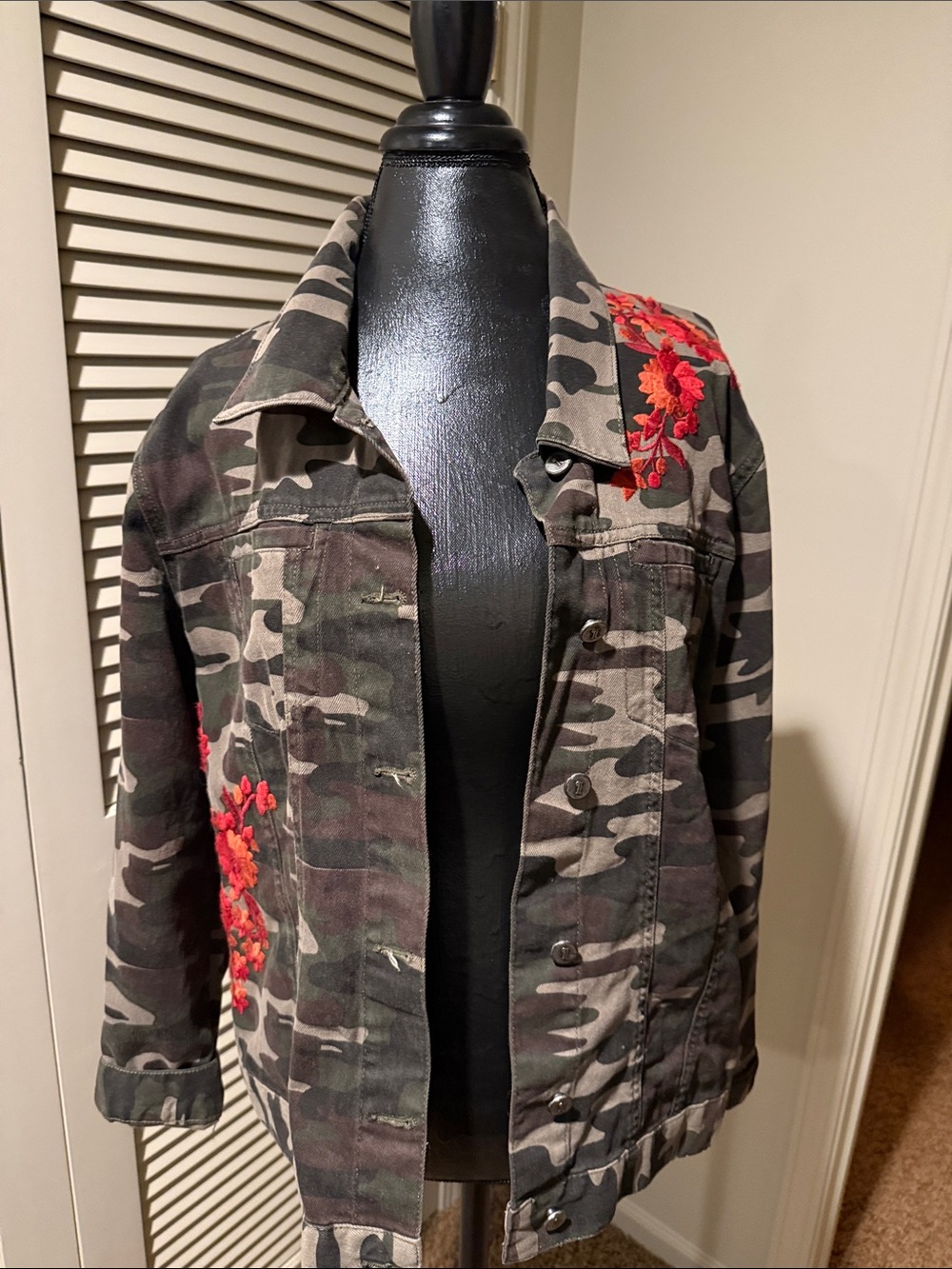 Pilcro and the Letterpress Camo Field Jacket with Red Embroidered Floral Accents